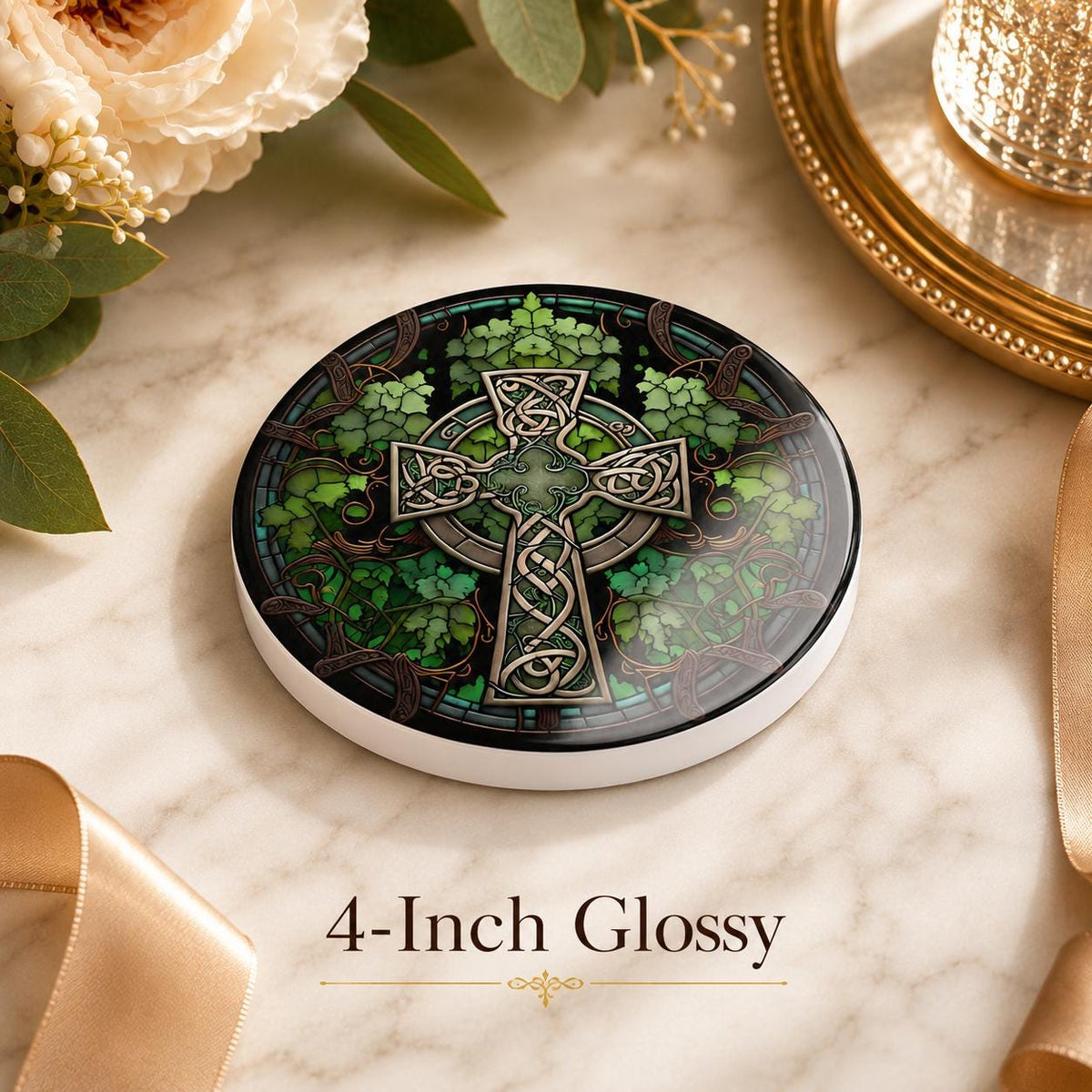 Celtic Cross Ceramic Coaster, Irish Shamrock Drink Mat, Green Botanical Table Decor