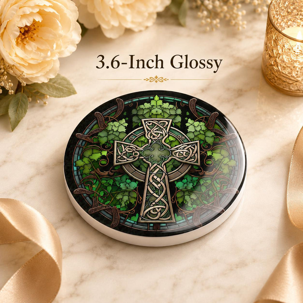Celtic Cross Ceramic Coaster, Irish Shamrock Drink Mat, Green Botanical Table Decor