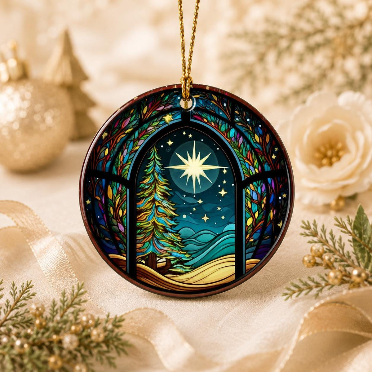 Starry Winter Ceramic Ornament, Leaded Glass Inspired Holiday Keepsake