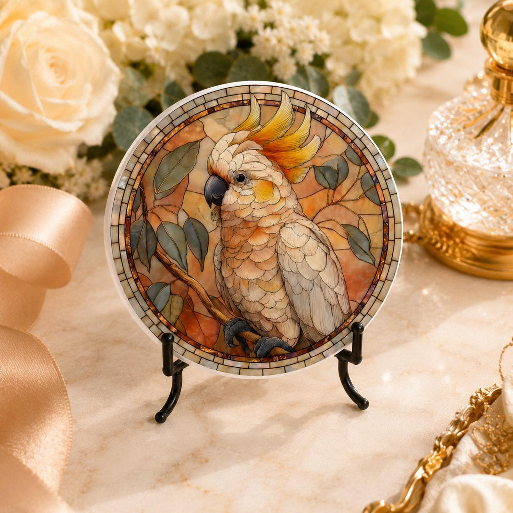 Cockatoo Ceramic Coaster, Bird Lover Gift, Leaded-Glass-Inspired Parrot Drink Mat