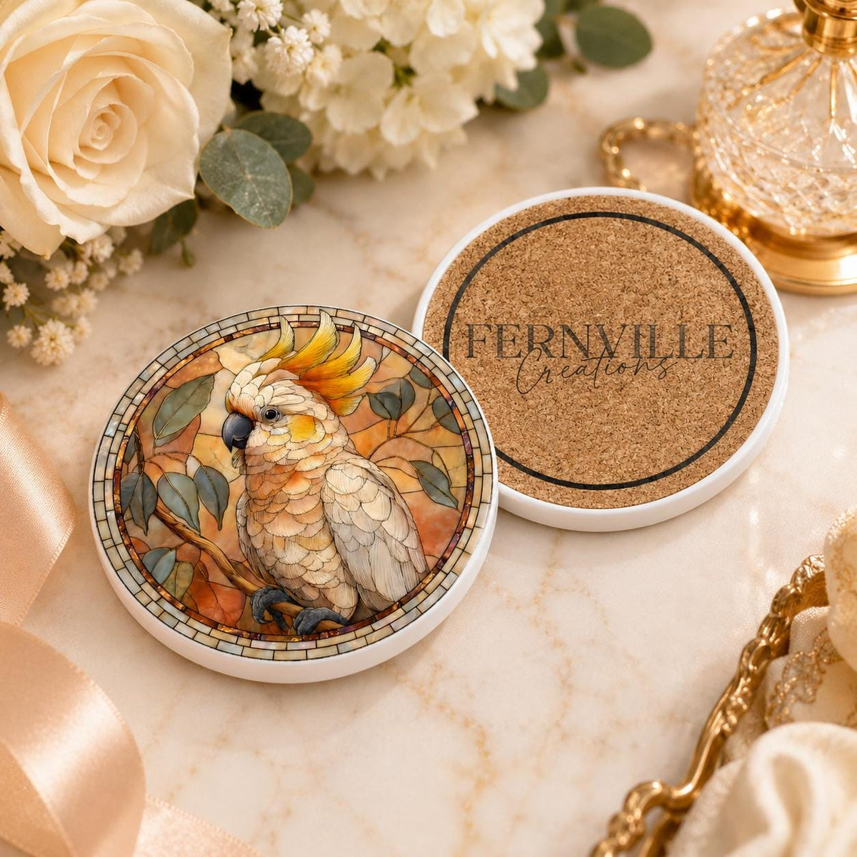 Cockatoo Ceramic Coaster, Bird Lover Gift, Leaded-Glass-Inspired Parrot Drink Mat
