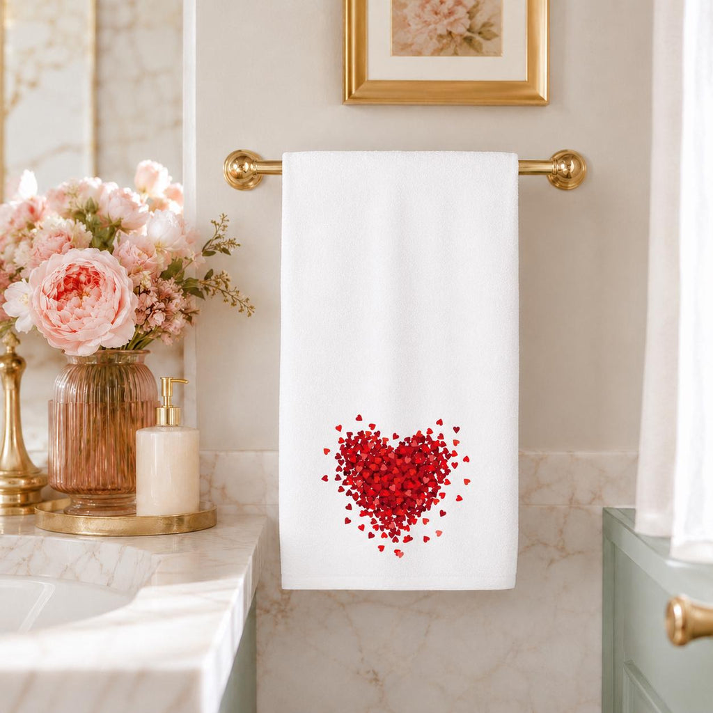 Red Heart Hand Towel, Valentine Bathroom Decor, White Romantic Accent