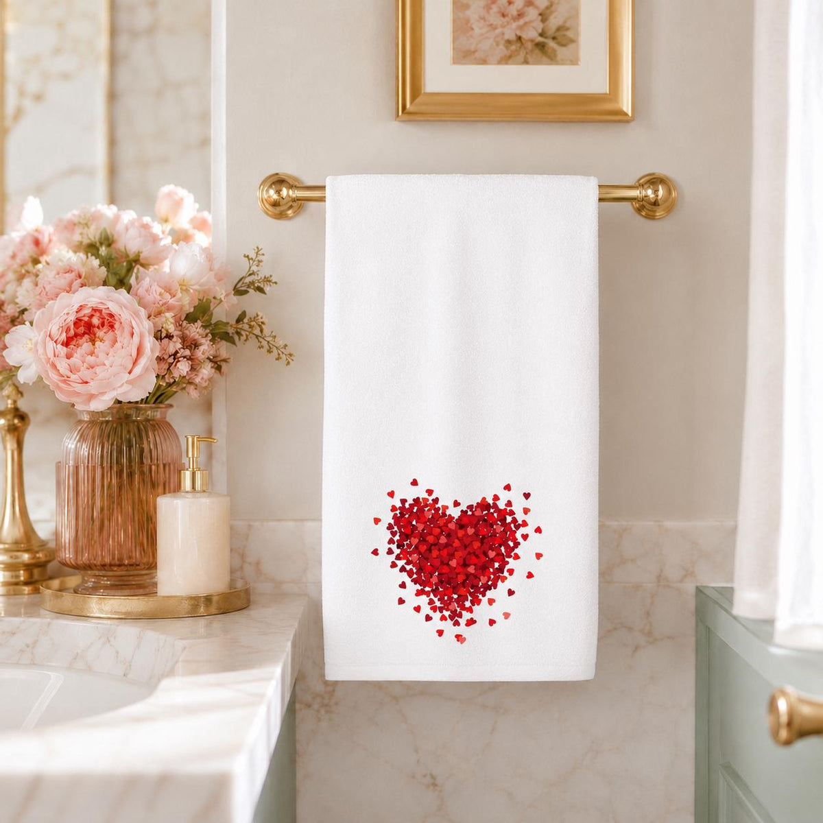 Red Heart Hand Towel, Valentine Bathroom Decor, White Romantic Accent