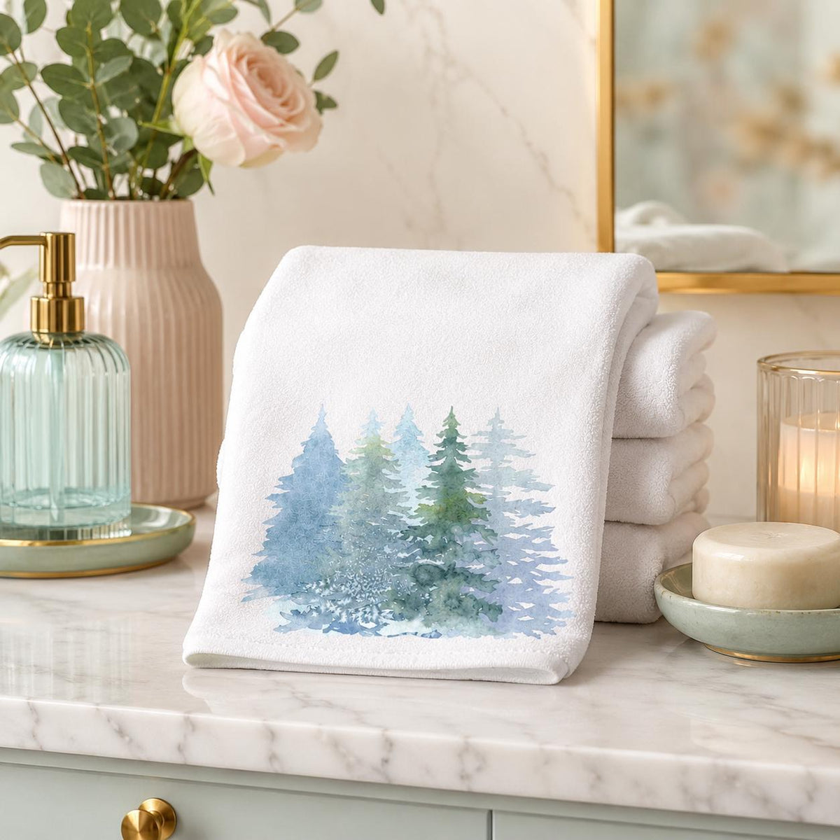 Winter Pine Hand Towel, Blue Forest Bathroom Decor, White Seasonal Accent