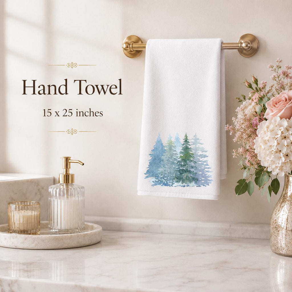 Winter Pine Hand Towel, Blue Forest Bathroom Decor, White Seasonal Accent