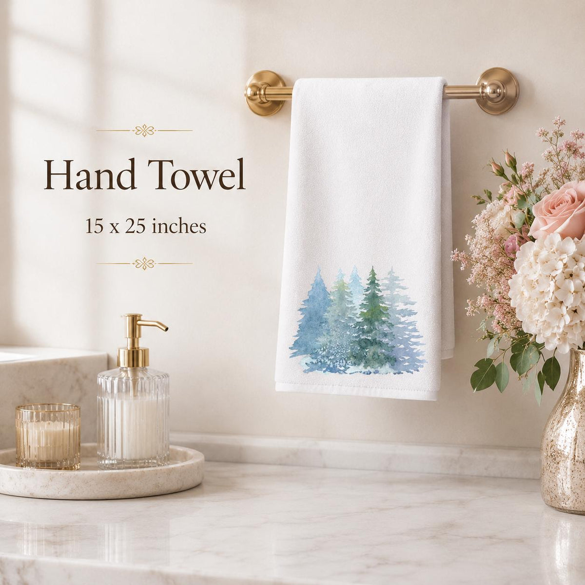 Winter Pine Hand Towel, Blue Forest Bathroom Decor, White Seasonal Accent