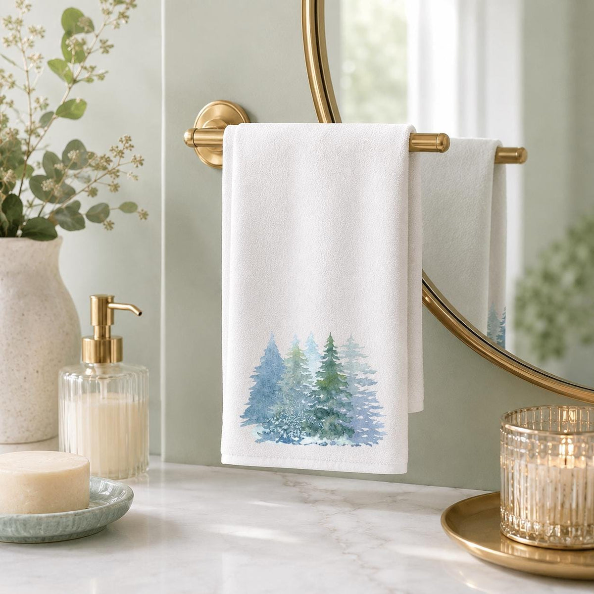 Winter Pine Hand Towel, Blue Forest Bathroom Decor, White Seasonal Accent