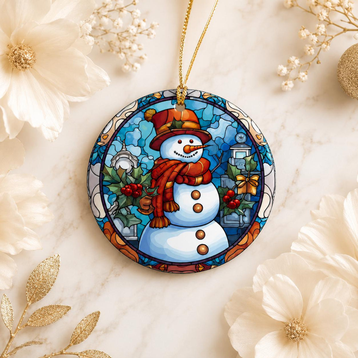 Round Ceramic Snowman Ornament, Winter Holiday Tree Decor, Festive Holly Artwork