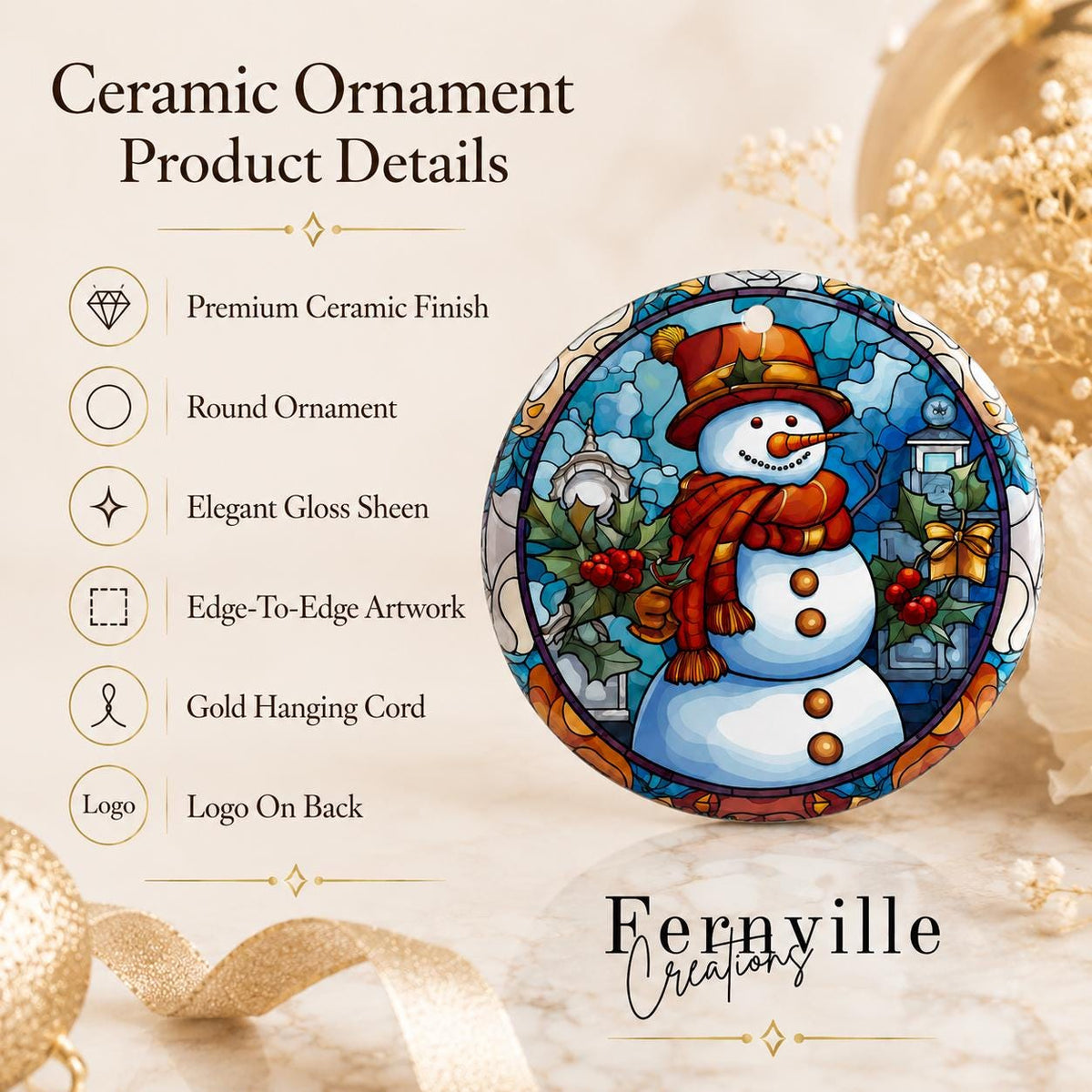Round Ceramic Snowman Ornament, Winter Holiday Tree Decor, Festive Holly Artwork