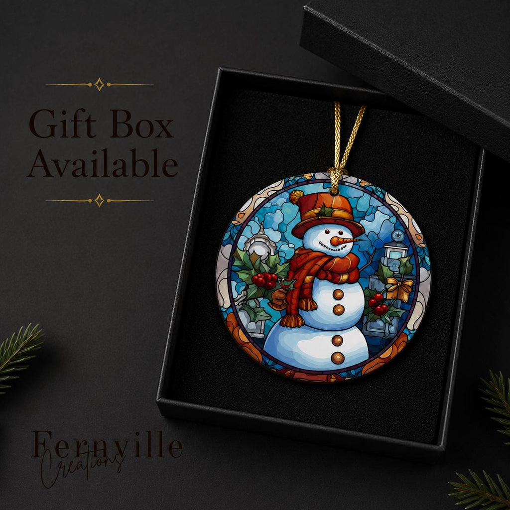 Round Ceramic Snowman Ornament, Winter Holiday Tree Decor, Festive Holly Artwork