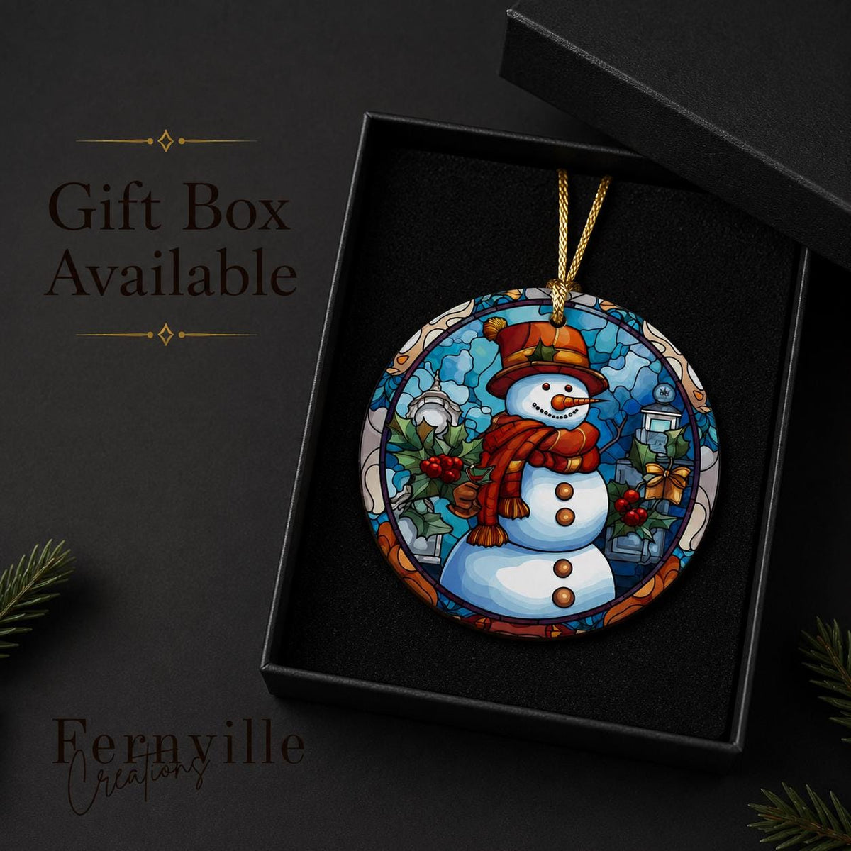 Round Ceramic Snowman Ornament, Winter Holiday Tree Decor, Festive Holly Artwork