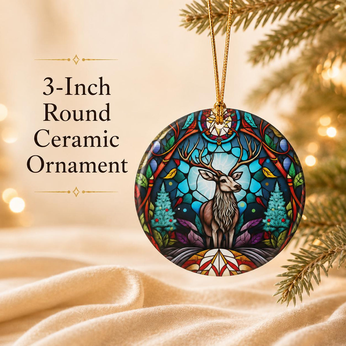Ceramic Deer Ornament, Woodland Stag Art, Stained Glass Style, Christmas Keepsake Tree Decor