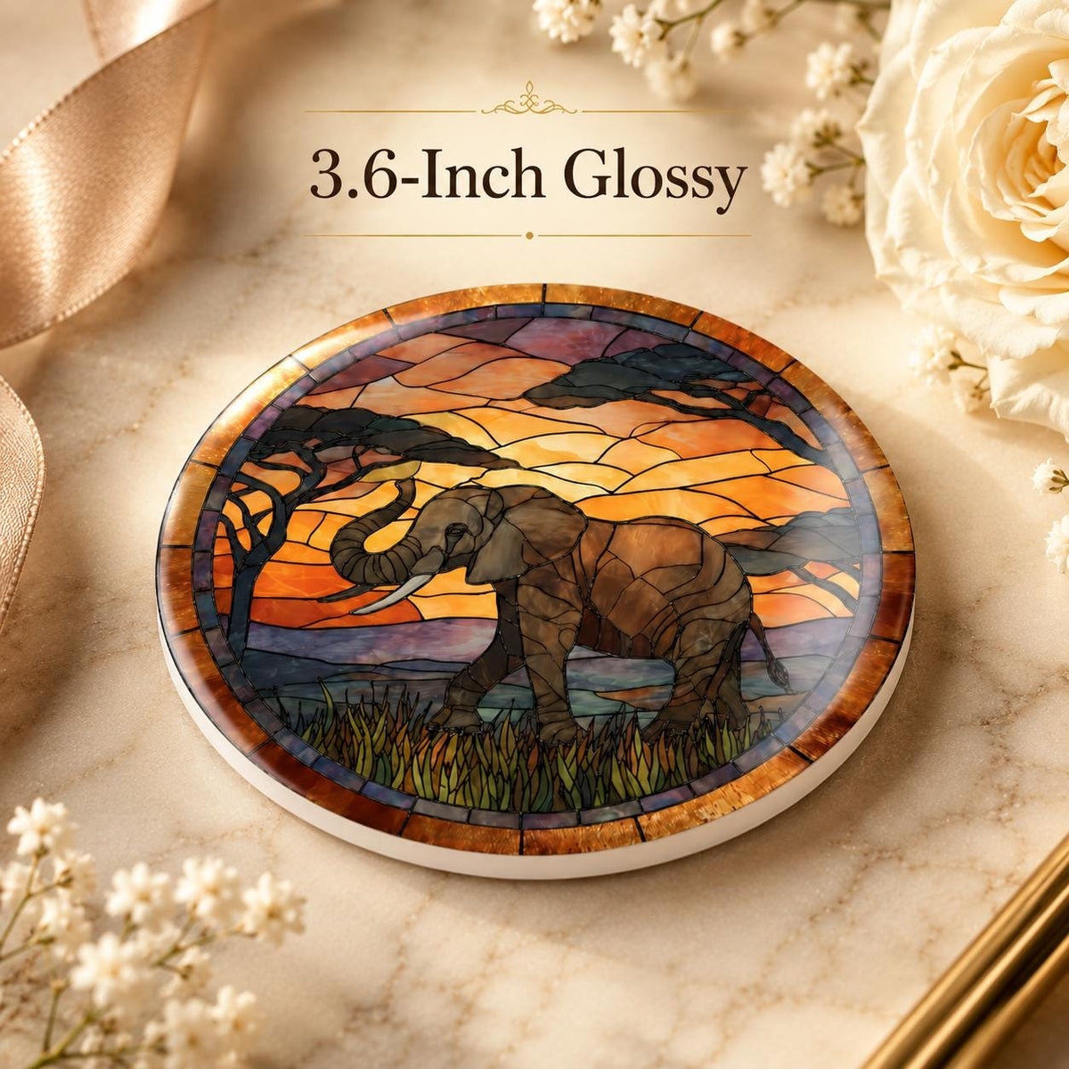 Elephant Ceramic Coaster, Safari Sunset Drink Mat, African Wildlife Table Decor
