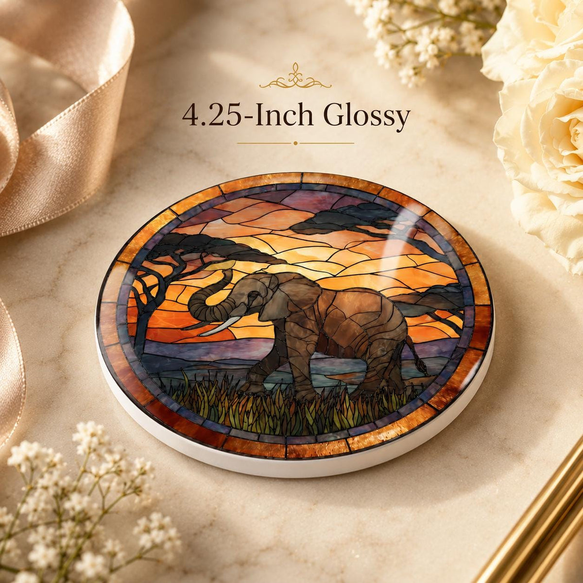 Elephant Ceramic Coaster, Safari Sunset Drink Mat, African Wildlife Table Decor