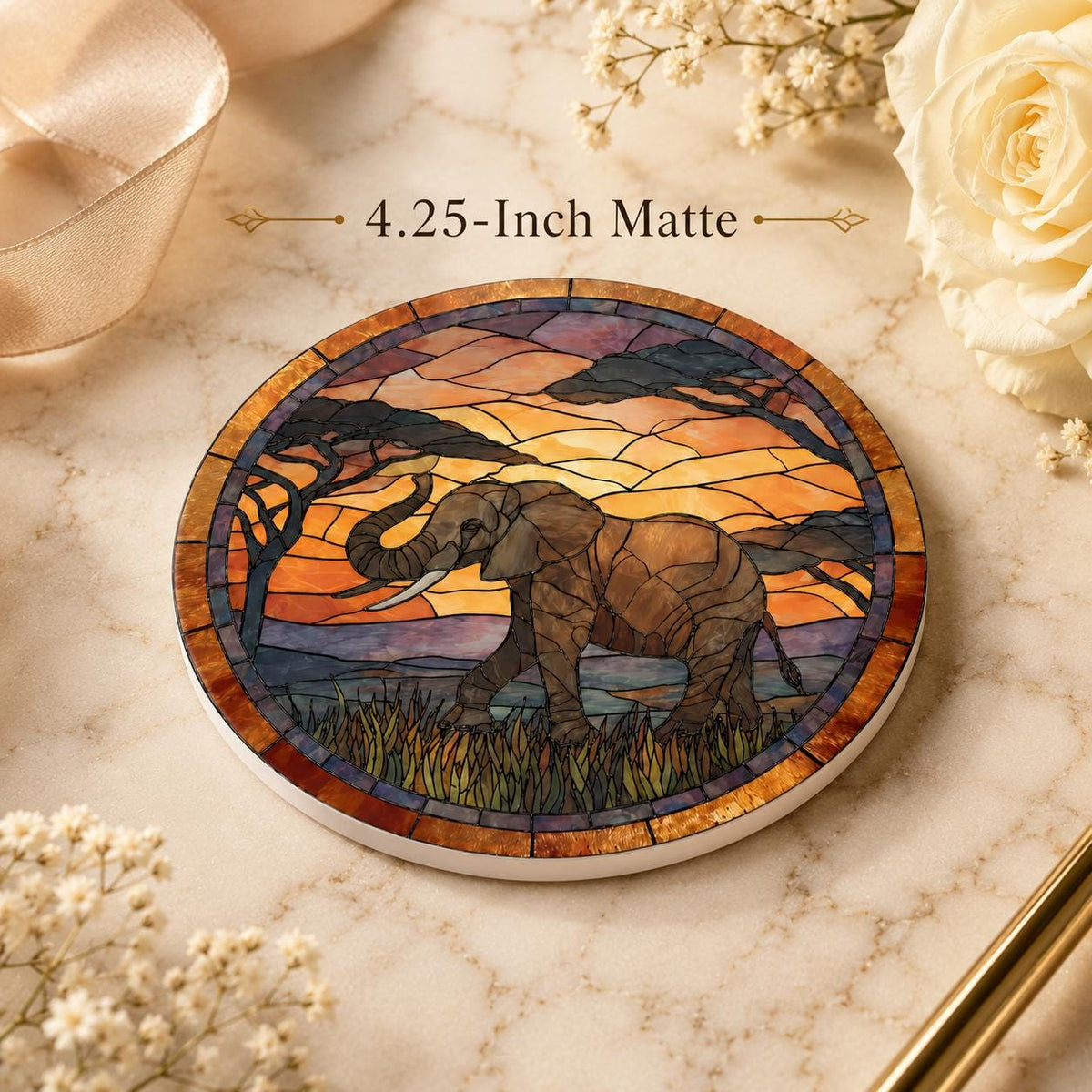 Elephant Ceramic Coaster, Safari Sunset Drink Mat, African Wildlife Table Decor