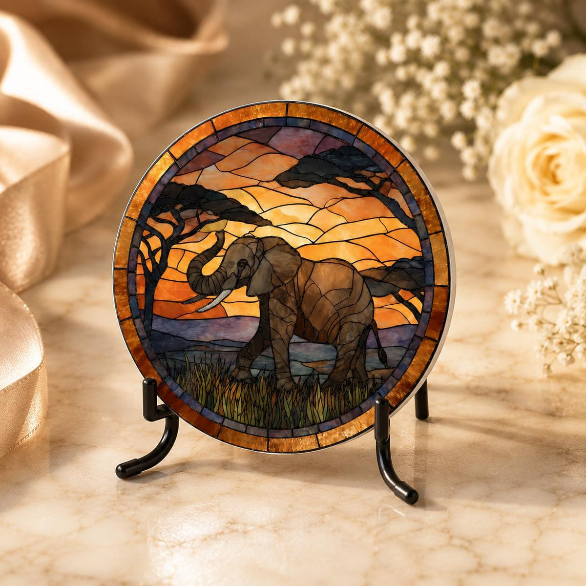 Elephant Ceramic Coaster, Safari Sunset Drink Mat, African Wildlife Table Decor