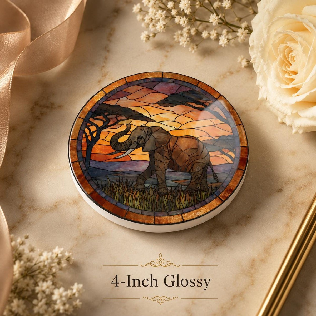 Elephant Ceramic Coaster, Safari Sunset Drink Mat, African Wildlife Table Decor