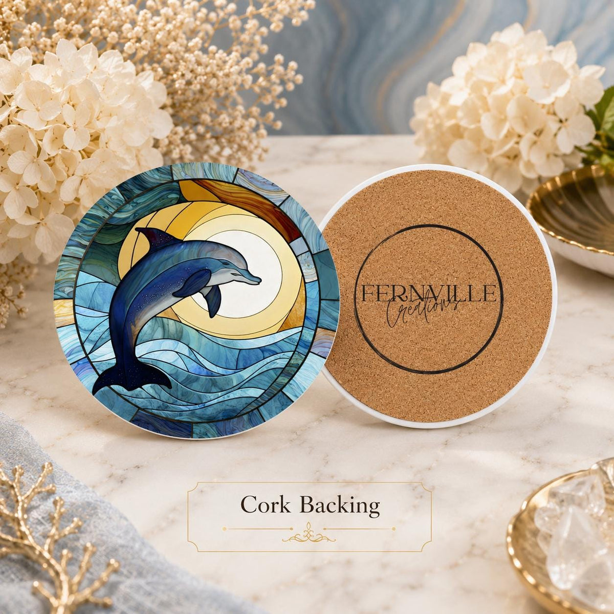Dolphin Ceramic Coaster, Coastal Ocean Decor, Nautical Beach House Gift