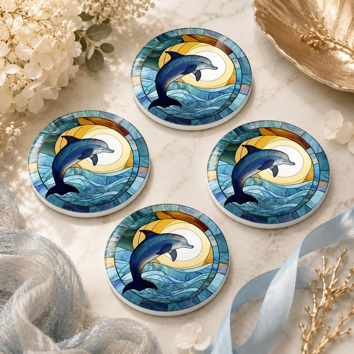 Dolphin Ceramic Coaster, Coastal Ocean Decor, Nautical Beach House Gift