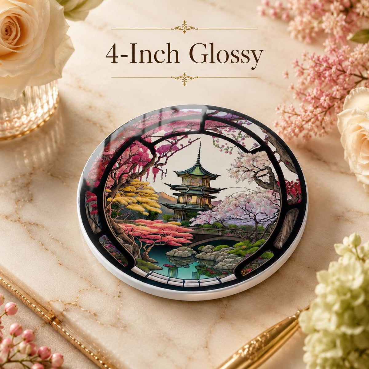 Japanese Garden Ceramic Coaster, Pagoda Cherry Blossom Decor, Asian Inspired Gift