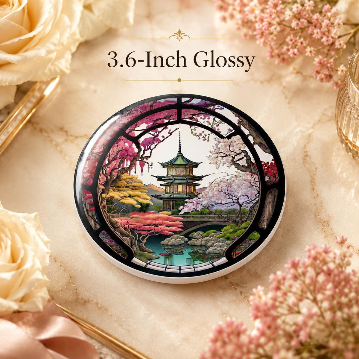 Japanese Garden Ceramic Coaster, Pagoda Cherry Blossom Decor, Asian Inspired Gift