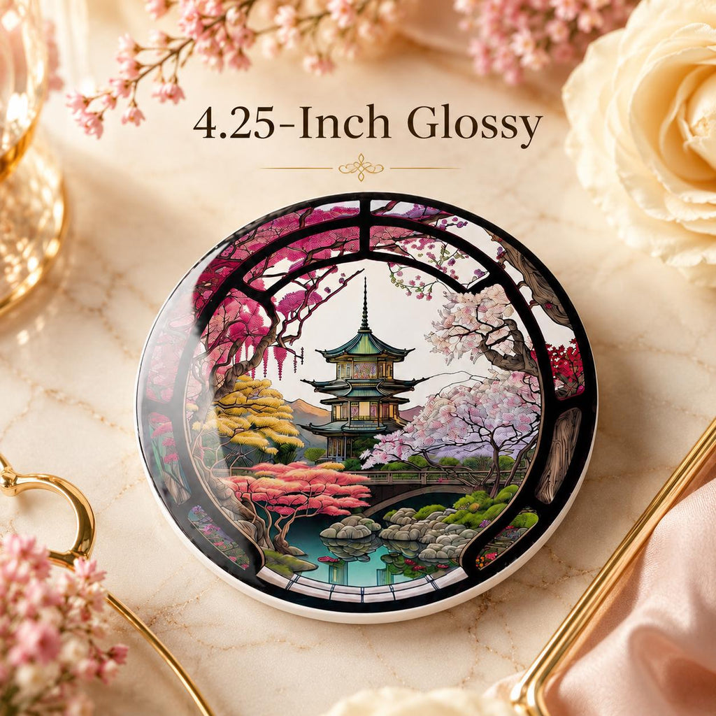 Japanese Garden Ceramic Coaster, Pagoda Cherry Blossom Decor, Asian Inspired Gift