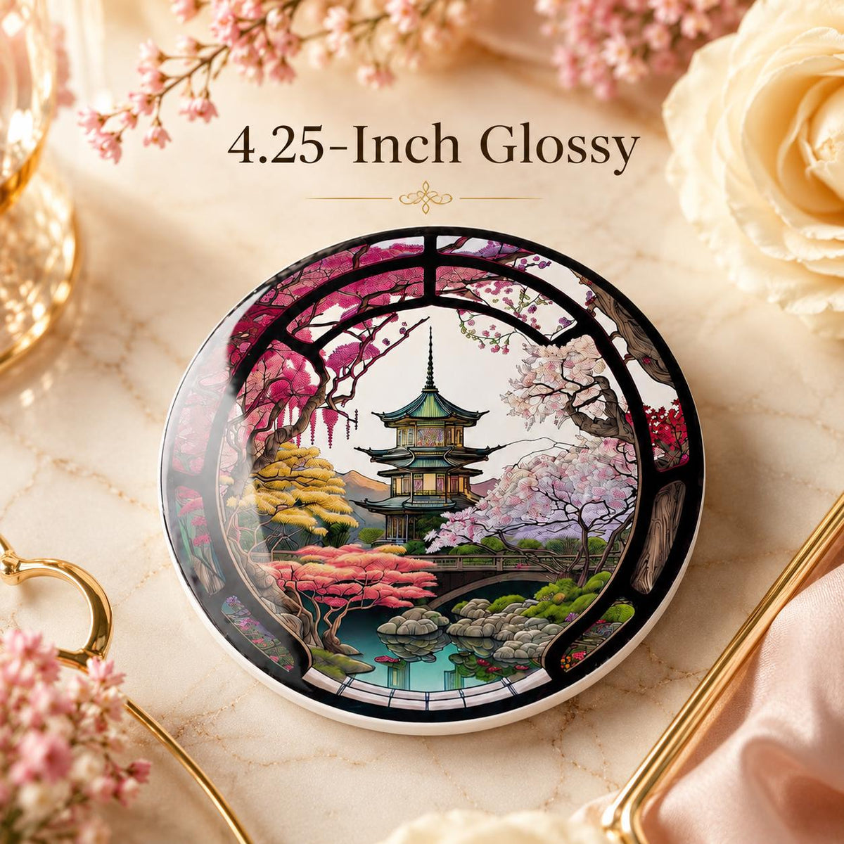 Japanese Garden Ceramic Coaster, Pagoda Cherry Blossom Decor, Asian Inspired Gift