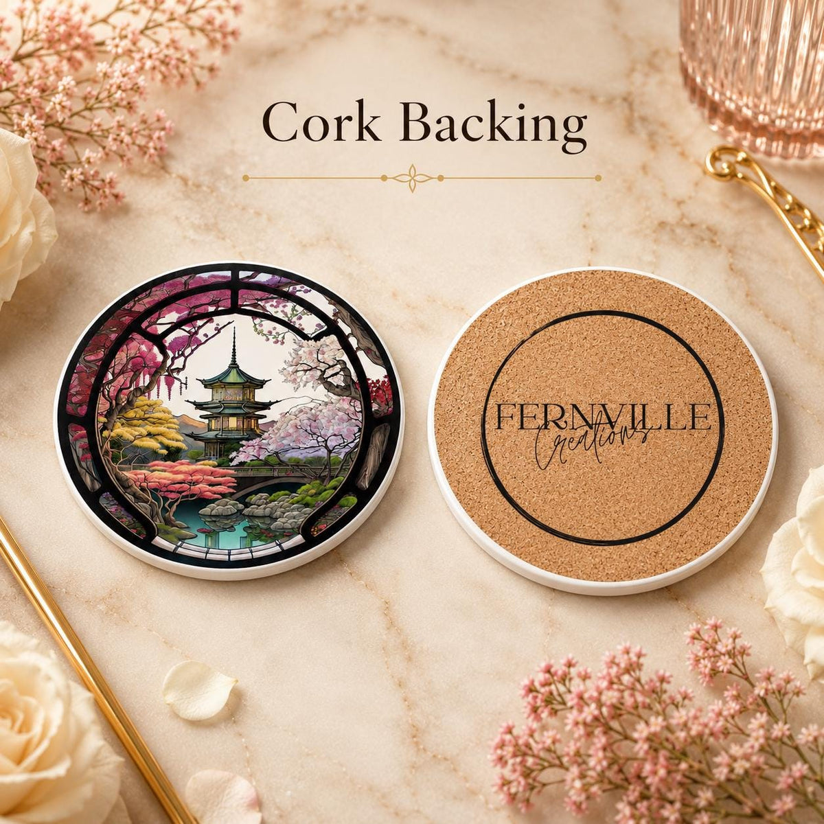 Japanese Garden Ceramic Coaster, Pagoda Cherry Blossom Decor, Asian Inspired Gift