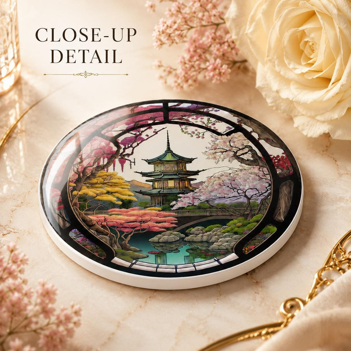 Japanese Garden Ceramic Coaster, Pagoda Cherry Blossom Decor, Asian Inspired Gift