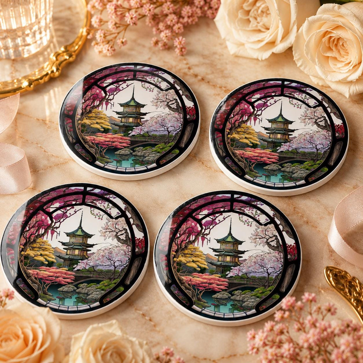 Japanese Garden Ceramic Coaster, Pagoda Cherry Blossom Decor, Asian Inspired Gift