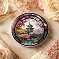 Japanese Garden Ceramic Coaster, Pagoda Cherry Blossom Decor, Asian Inspired Gift