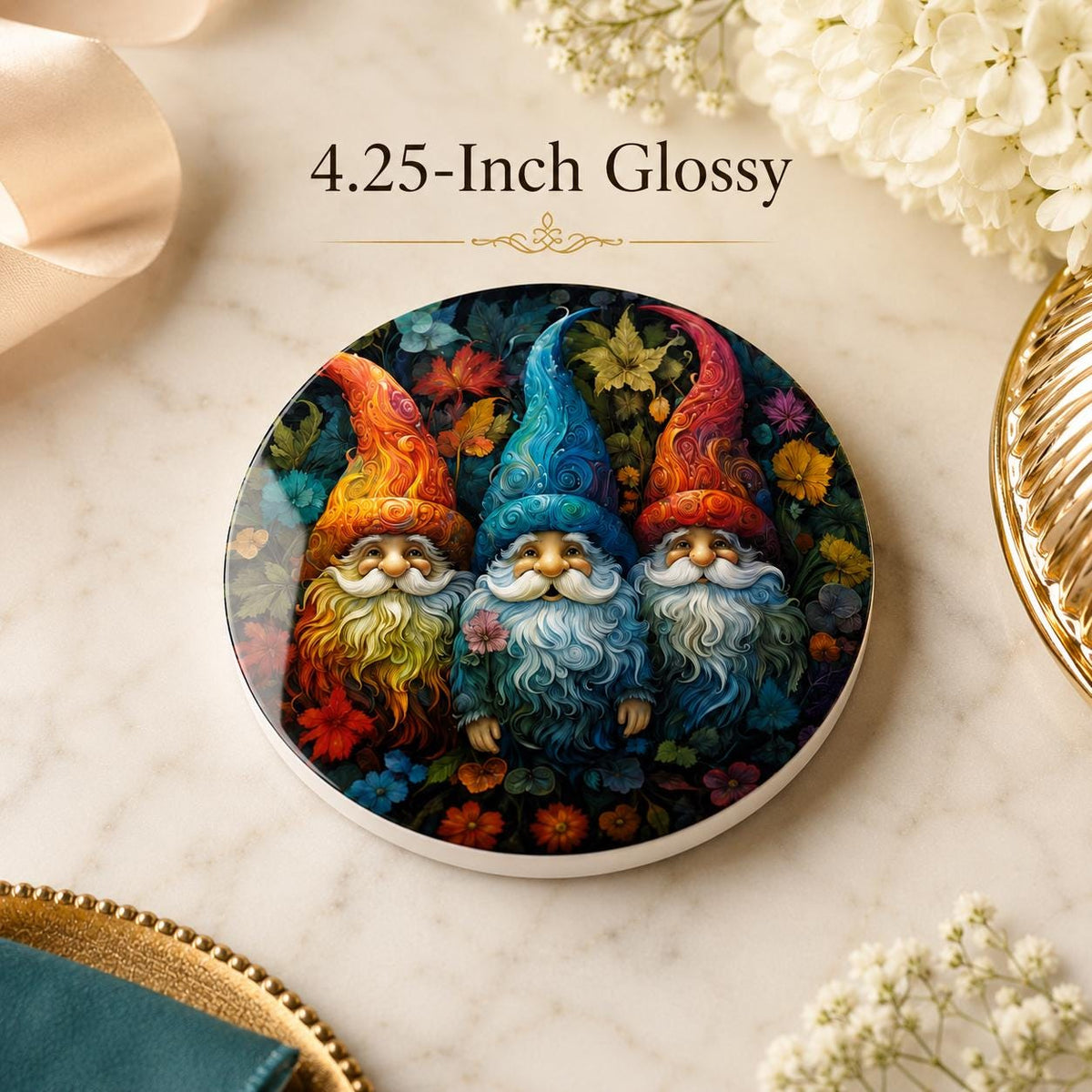 Colorful Garden Gnome Ceramic Coaster, Whimsical Floral Drink Holder, Cottagecore Gift