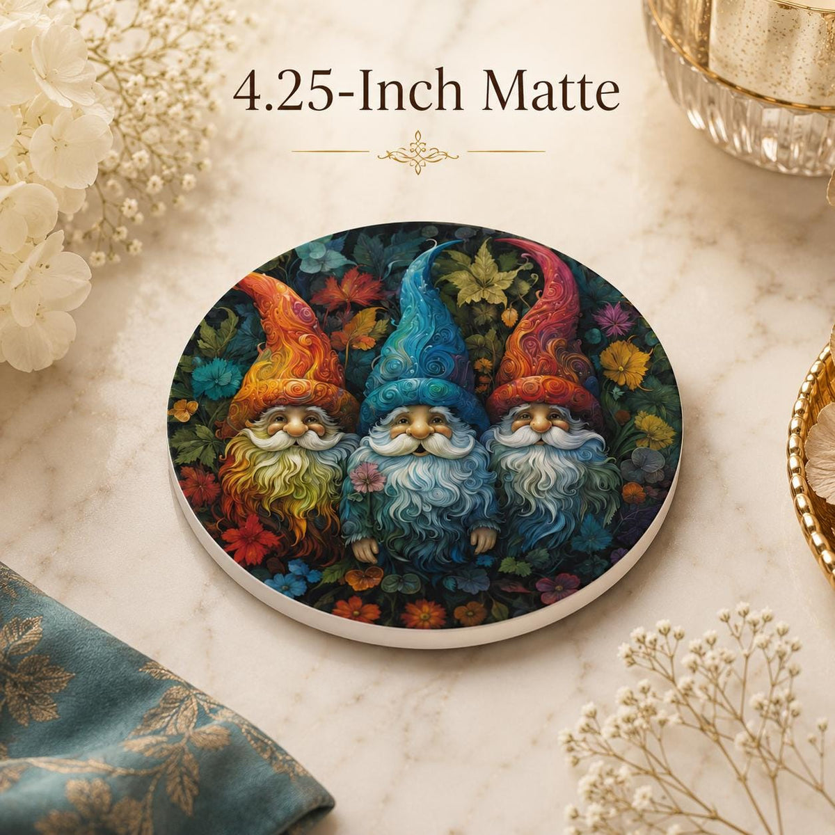 Colorful Garden Gnome Ceramic Coaster, Whimsical Floral Drink Holder, Cottagecore Gift
