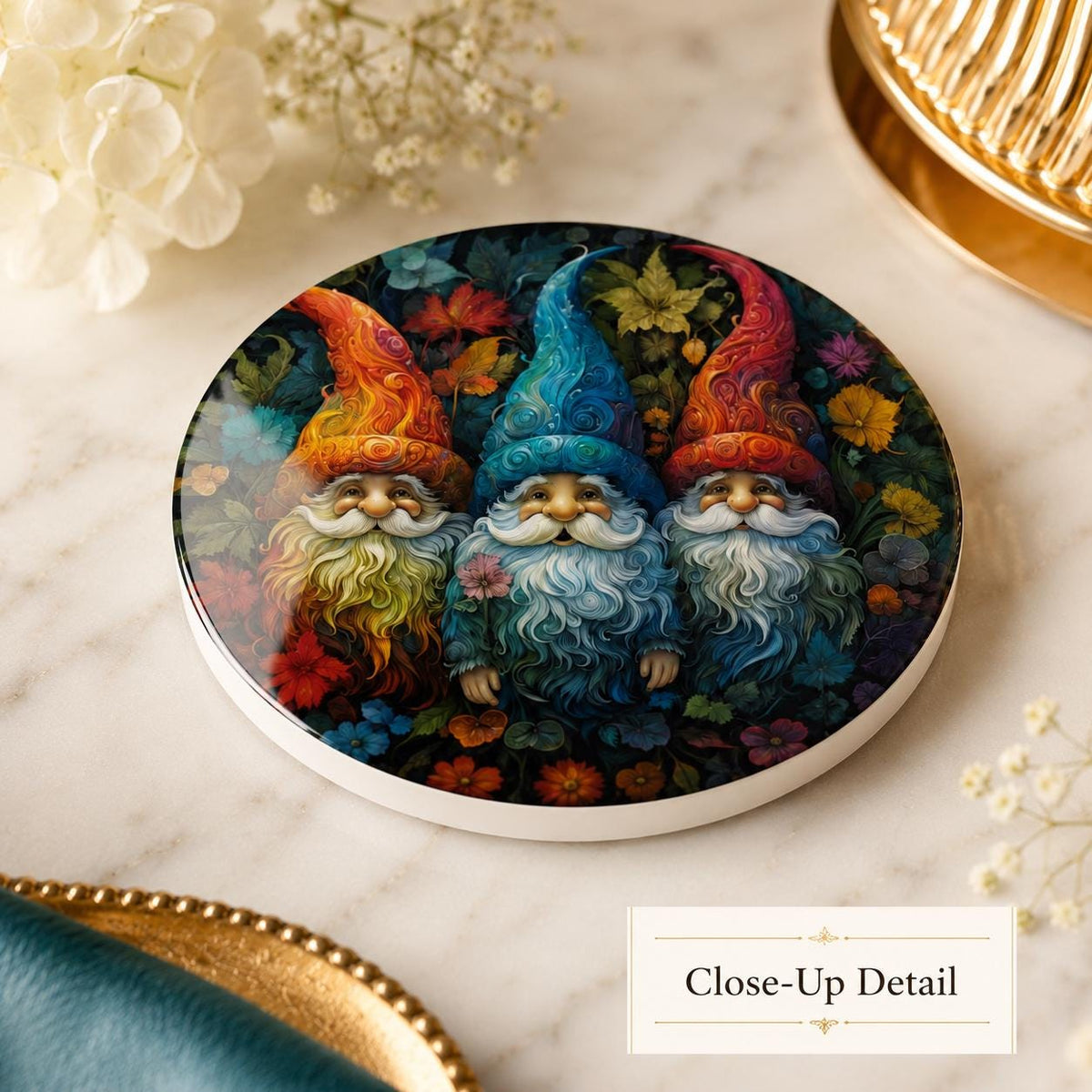 Colorful Garden Gnome Ceramic Coaster, Whimsical Floral Drink Holder, Cottagecore Gift