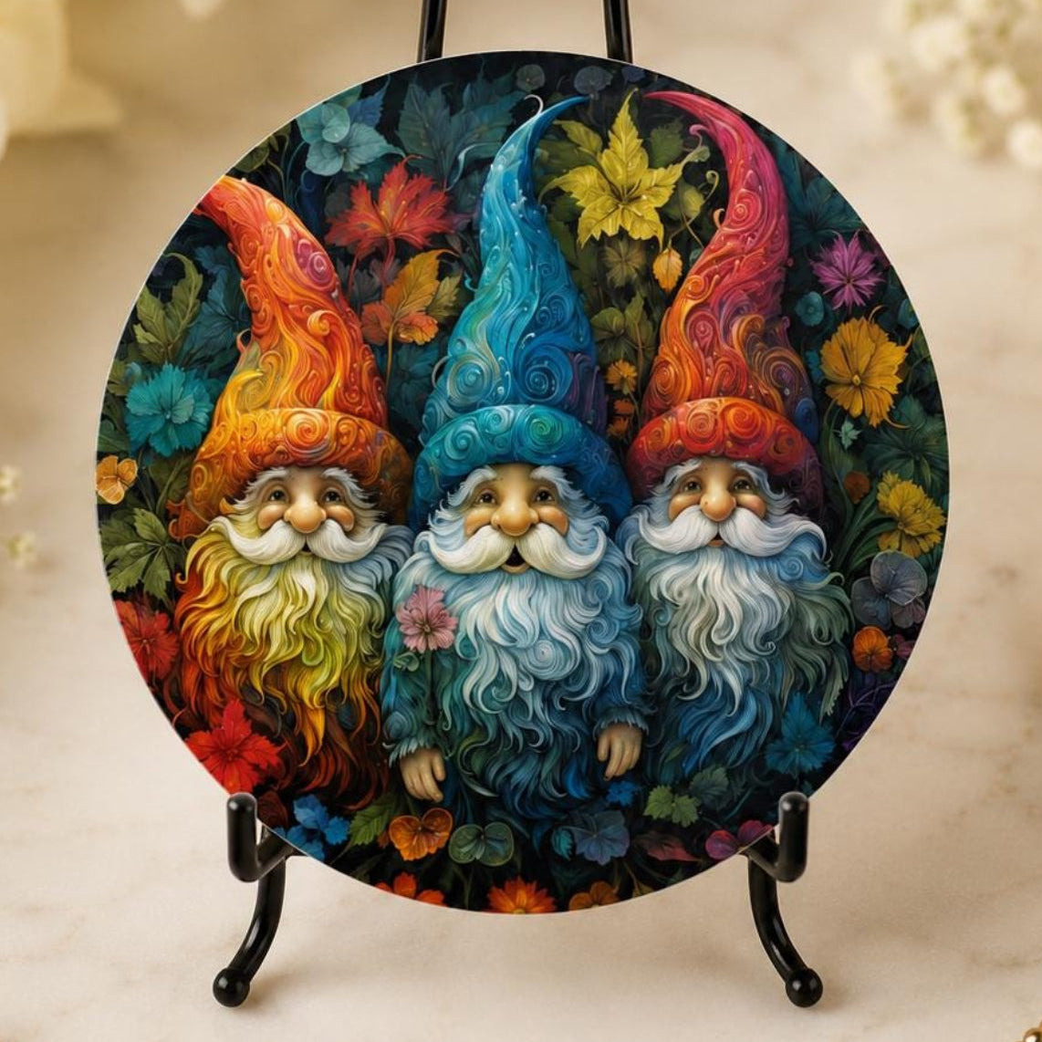 Colorful Garden Gnome Ceramic Coaster, Whimsical Floral Drink Holder, Cottagecore Gift