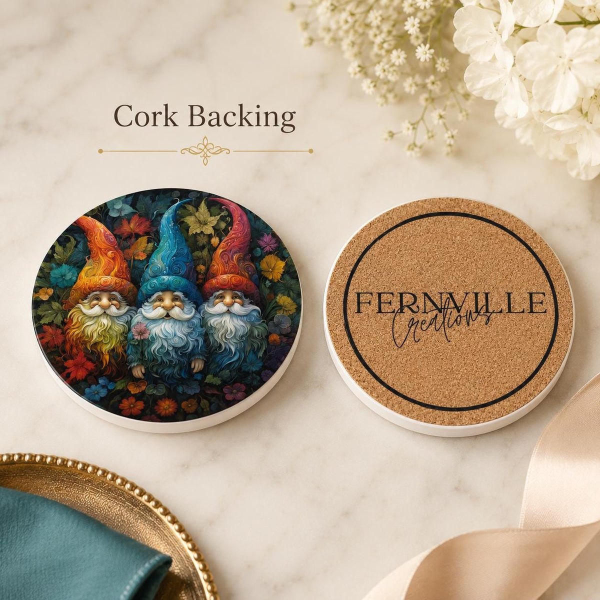 Colorful Garden Gnome Ceramic Coaster, Whimsical Floral Drink Holder, Cottagecore Gift