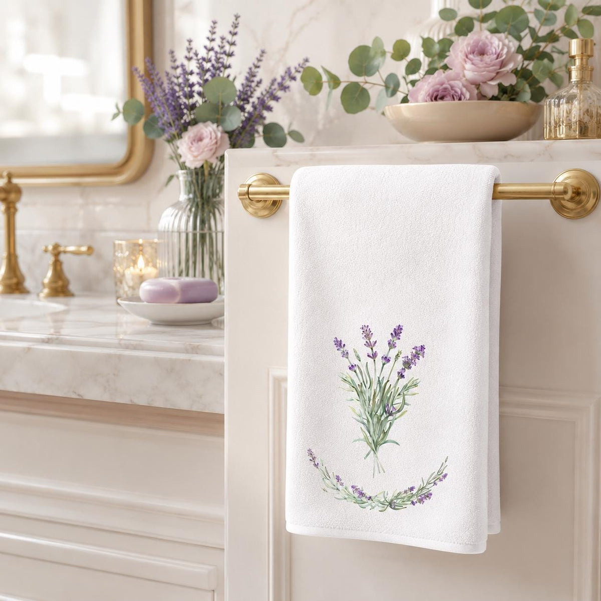 Lavender Hand Towel, Botanical Bathroom Decor, White Spa Accent