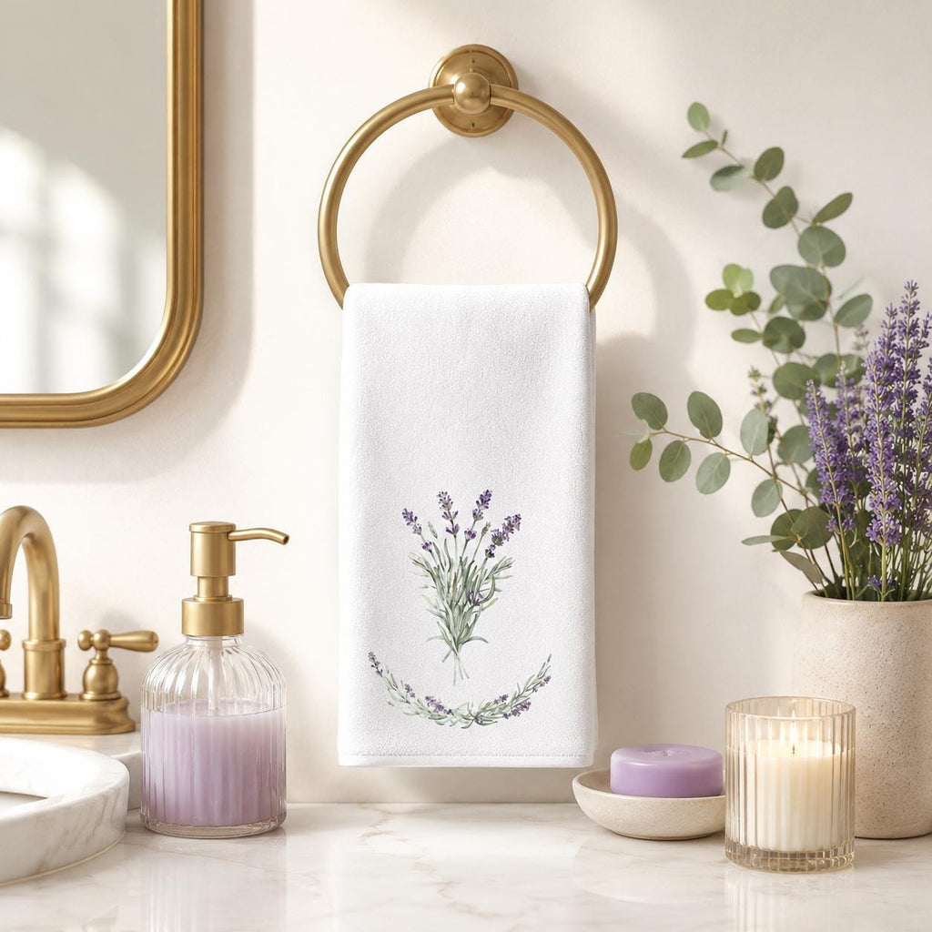Lavender Hand Towel, Botanical Bathroom Decor, White Spa Accent