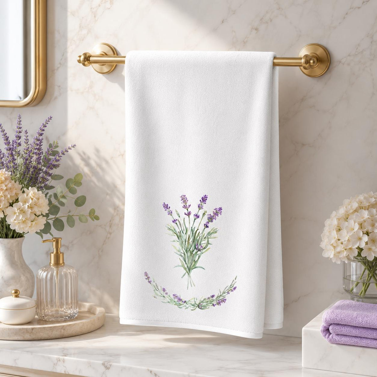 Lavender Hand Towel, Botanical Bathroom Decor, White Spa Accent