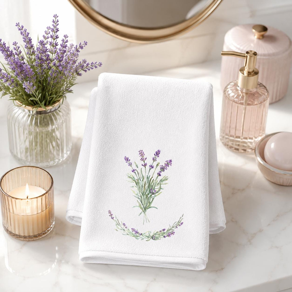 Lavender Hand Towel, Botanical Bathroom Decor, White Spa Accent
