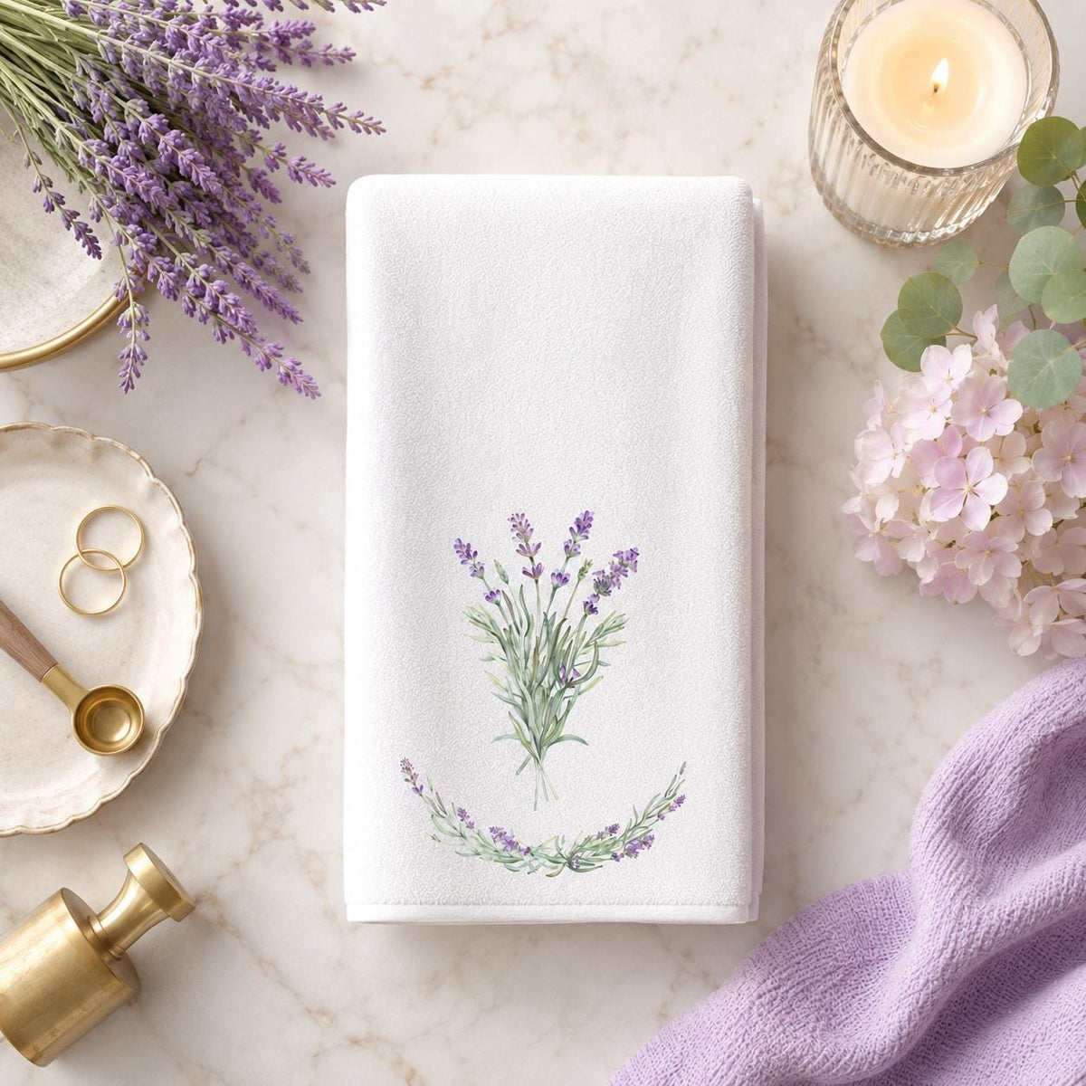 Lavender Hand Towel, Botanical Bathroom Decor, White Spa Accent