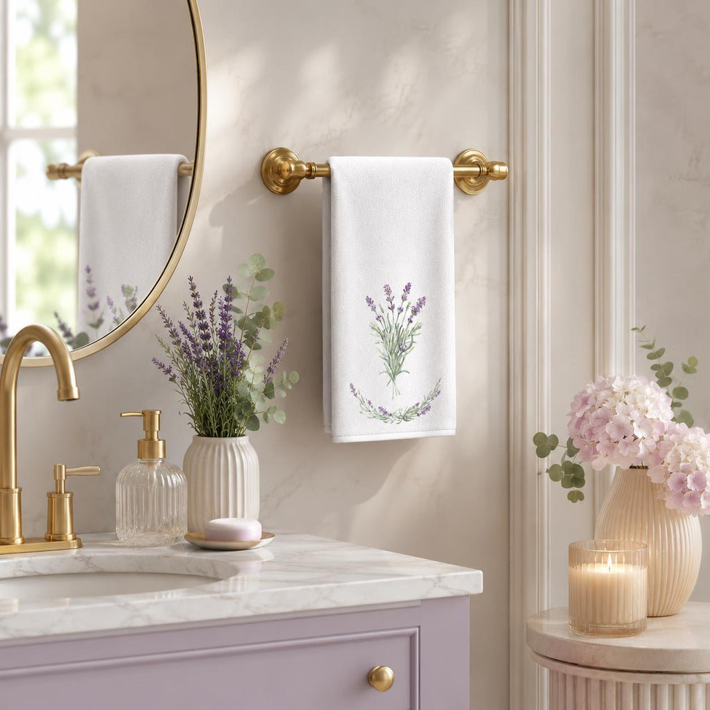 Lavender Hand Towel, Botanical Bathroom Decor, White Spa Accent
