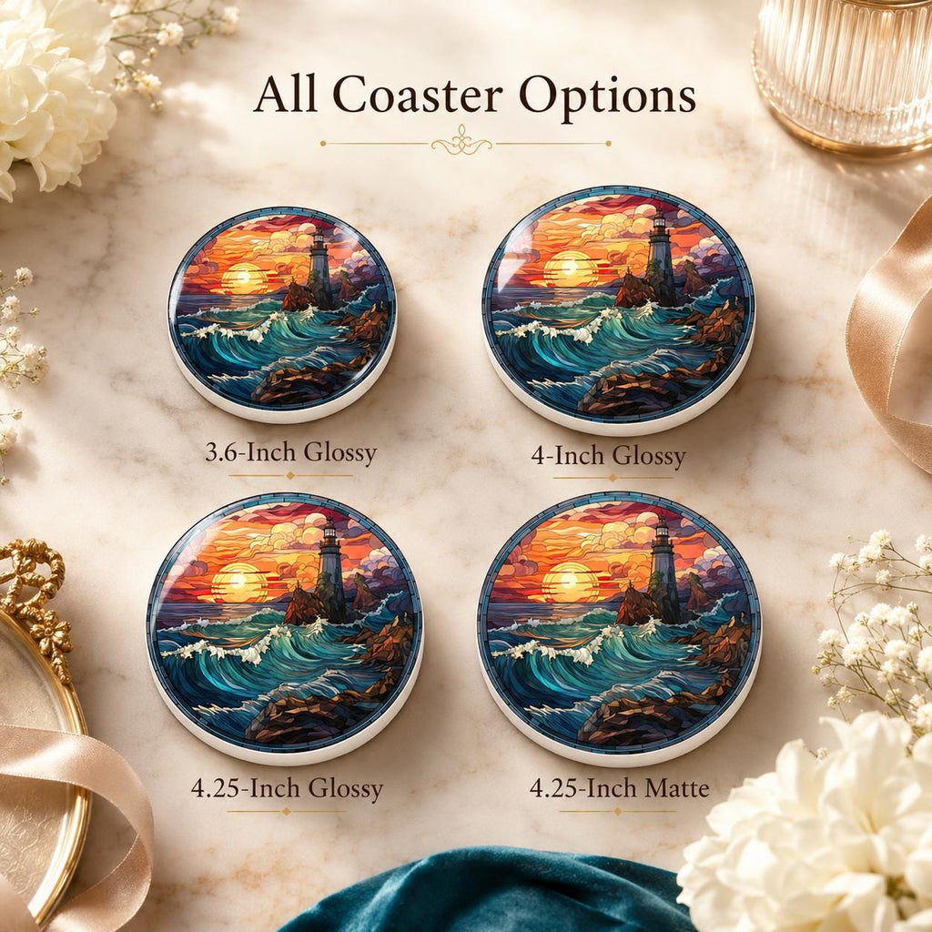 Lighthouse Ceramic Coaster, Coastal Sunset Ocean Waves, Nautical Beach House Decor