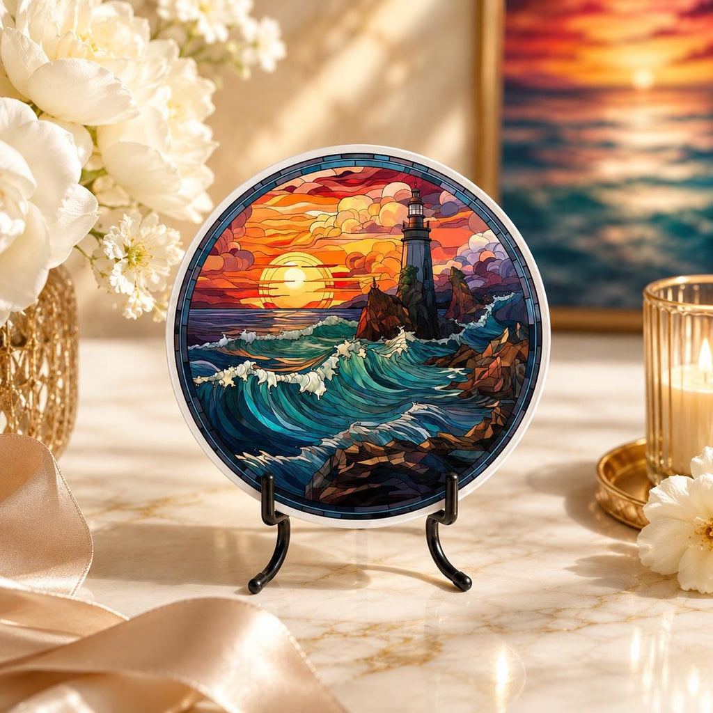 Lighthouse Ceramic Coaster, Coastal Sunset Ocean Waves, Nautical Beach House Decor