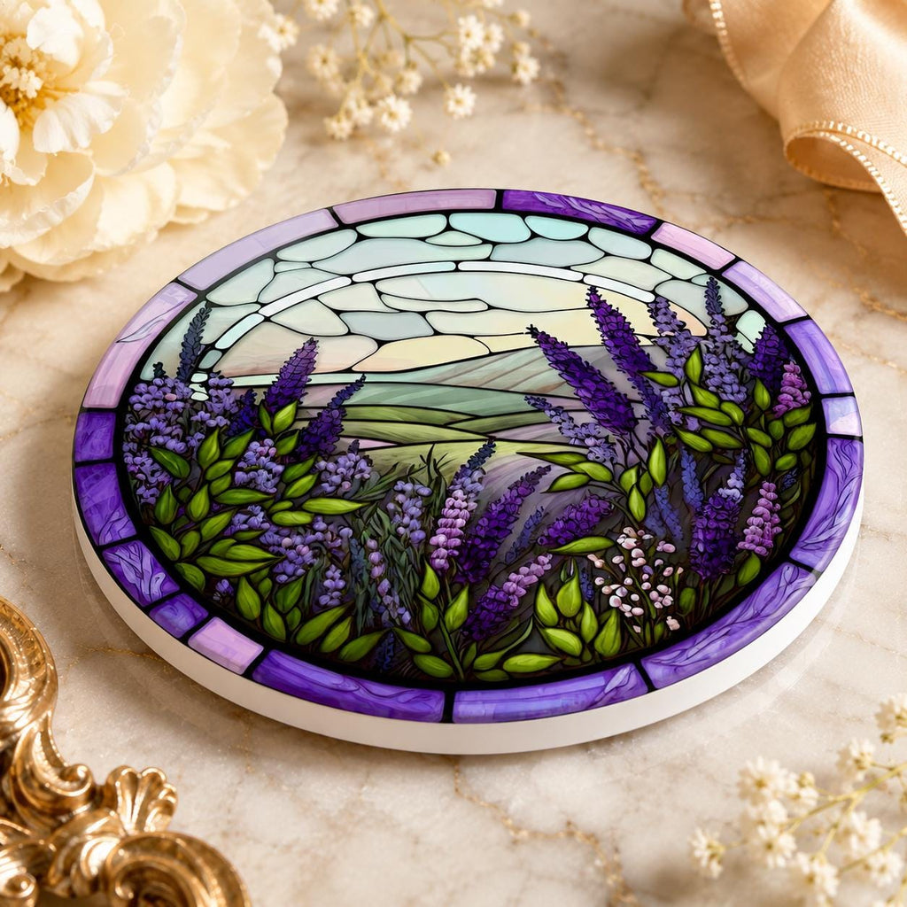 Lavender Ceramic Coaster, Purple Floral Drink Mat, Art-Glass-Inspired Garden Table Decor