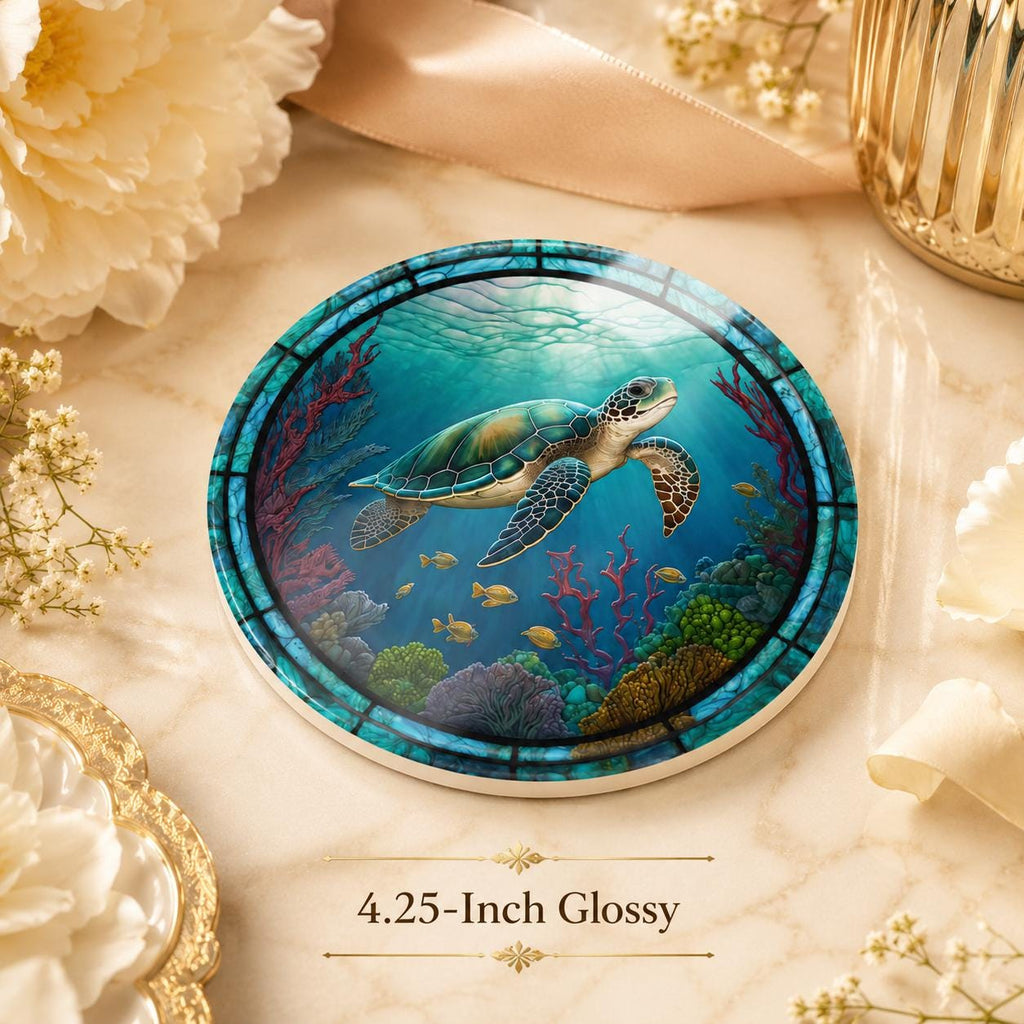 Sea Turtle Ceramic Coaster, Ocean Art Glass Style, Coastal Nautical Beach Decor Gift