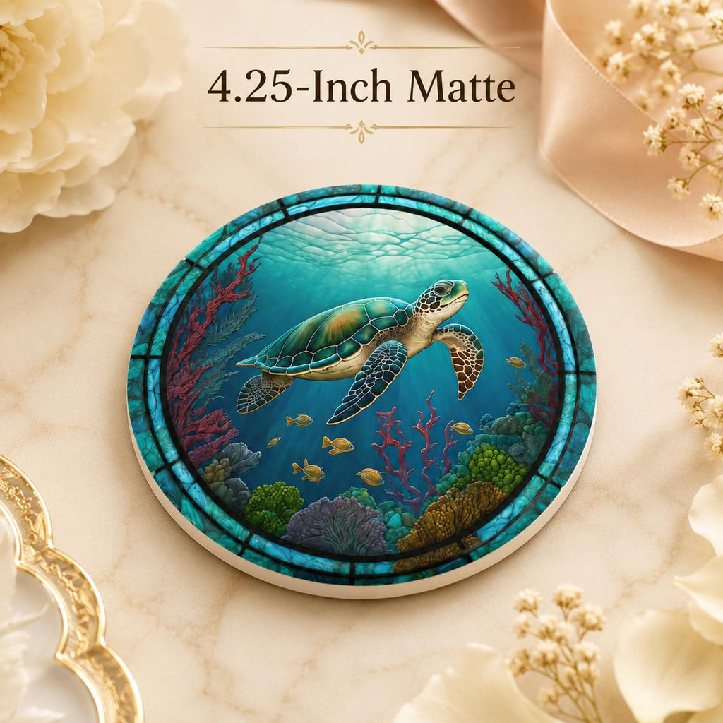 Sea Turtle Ceramic Coaster, Ocean Art Glass Style, Coastal Nautical Beach Decor Gift