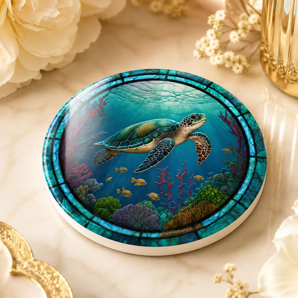 Sea Turtle Ceramic Coaster, Ocean Art Glass Style, Coastal Nautical Beach Decor Gift