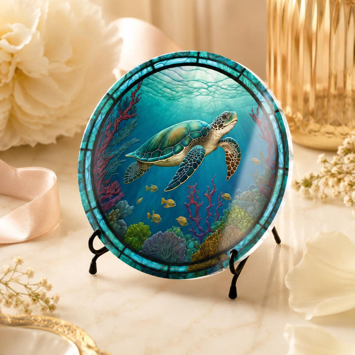 Sea Turtle Ceramic Coaster, Ocean Art Glass Style, Coastal Nautical Beach Decor Gift