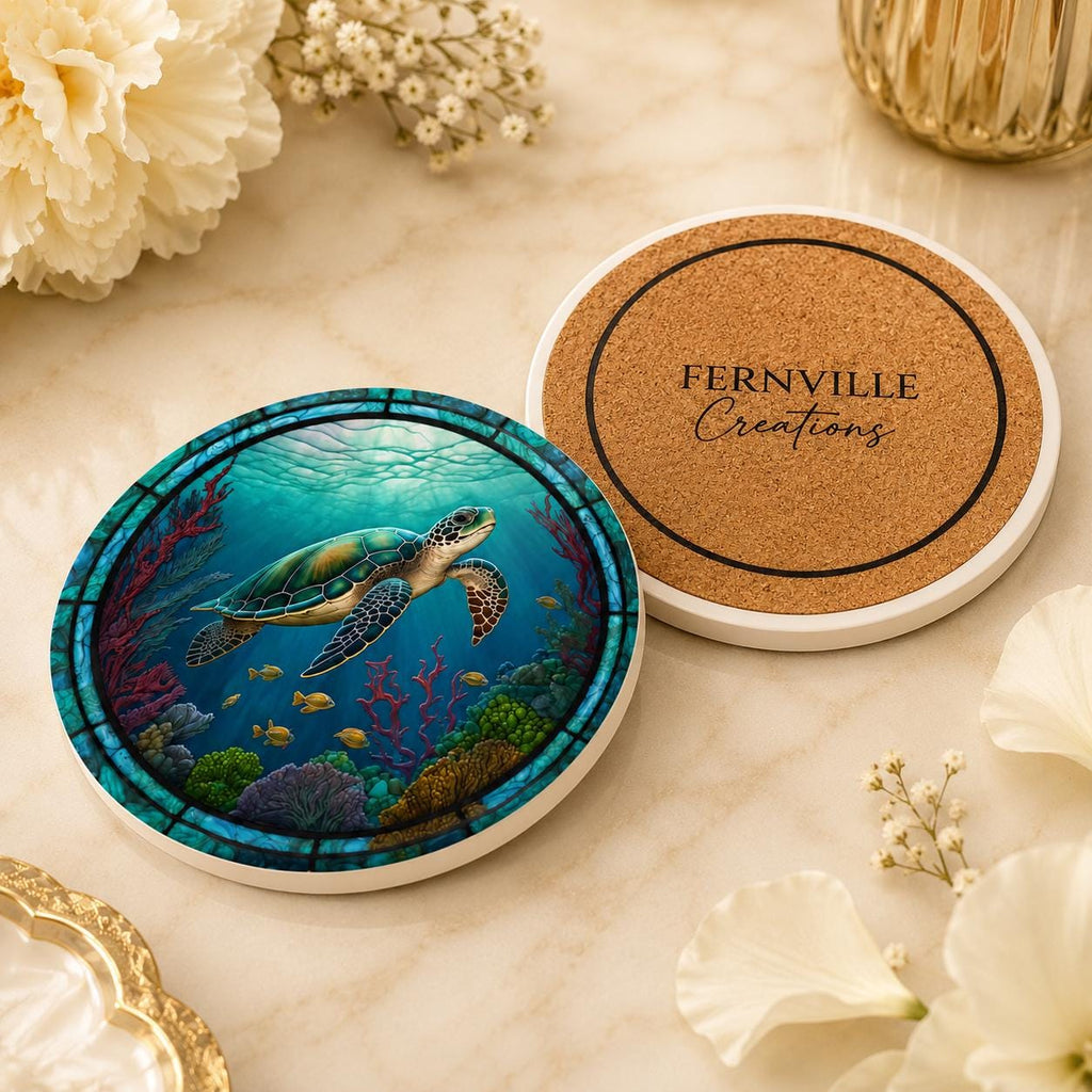 Sea Turtle Ceramic Coaster, Ocean Art Glass Style, Coastal Nautical Beach Decor Gift
